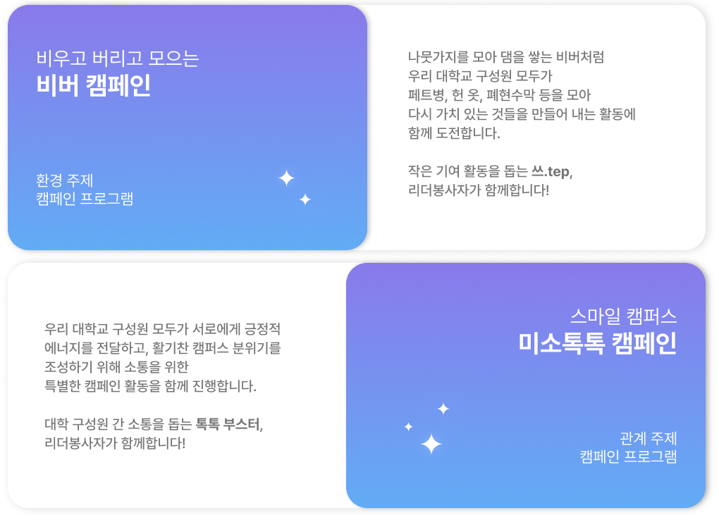 비우고 버리고 모으는 비버 캠페인 : 환경 주제, 캠페인 프로그램 / 스마일 캠퍼스 미소톡톡 캠페인 : 관계 주제, 캠페인 프로그램