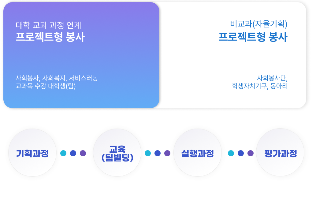대학 교과 과정 연계 프로젝트형 봉사  / 비교과(자율기확) 프로젝트형 봉사 / 기획과정, 교육(팀빌딩), 실행과정, 평가과정