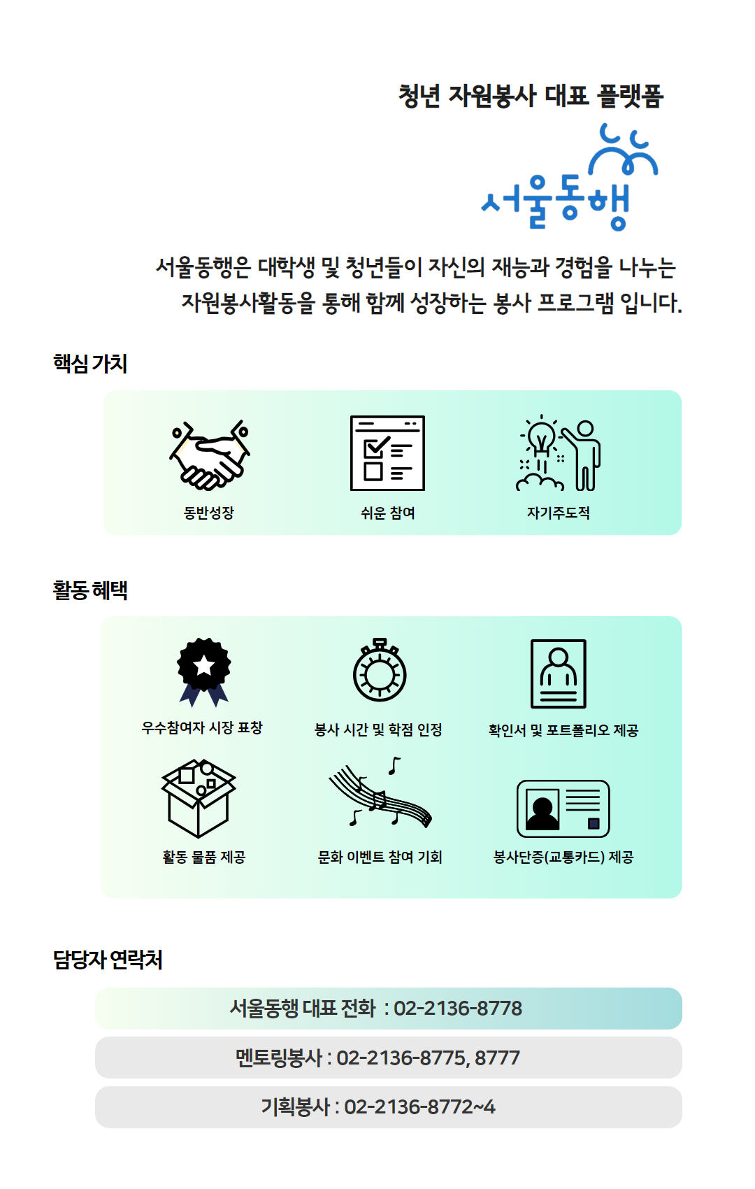 청년 자원봉사 대표 플랫폼 '서울동행', 서울동행은 대학생 및 청년들이 자신의 재능과 경험을 나누는 자원봉사활동을 통해 함께 성장하는 봉사 프로그램 입니다. 핵심가치로는 동반성장, 쉬운 참여, 자기주도적 / 활동 혜택으로는 우수참여자 시장 표창, 봉사 시간 및 학점 인정, 확인서 및 포트폴리오 제공, 활동 물품 제공, 문화 이벤트 참여 기회, 봉사단증(교통카드) 제공 / 담당자 연락처는 서울동행 대표전화 02-2136-8778