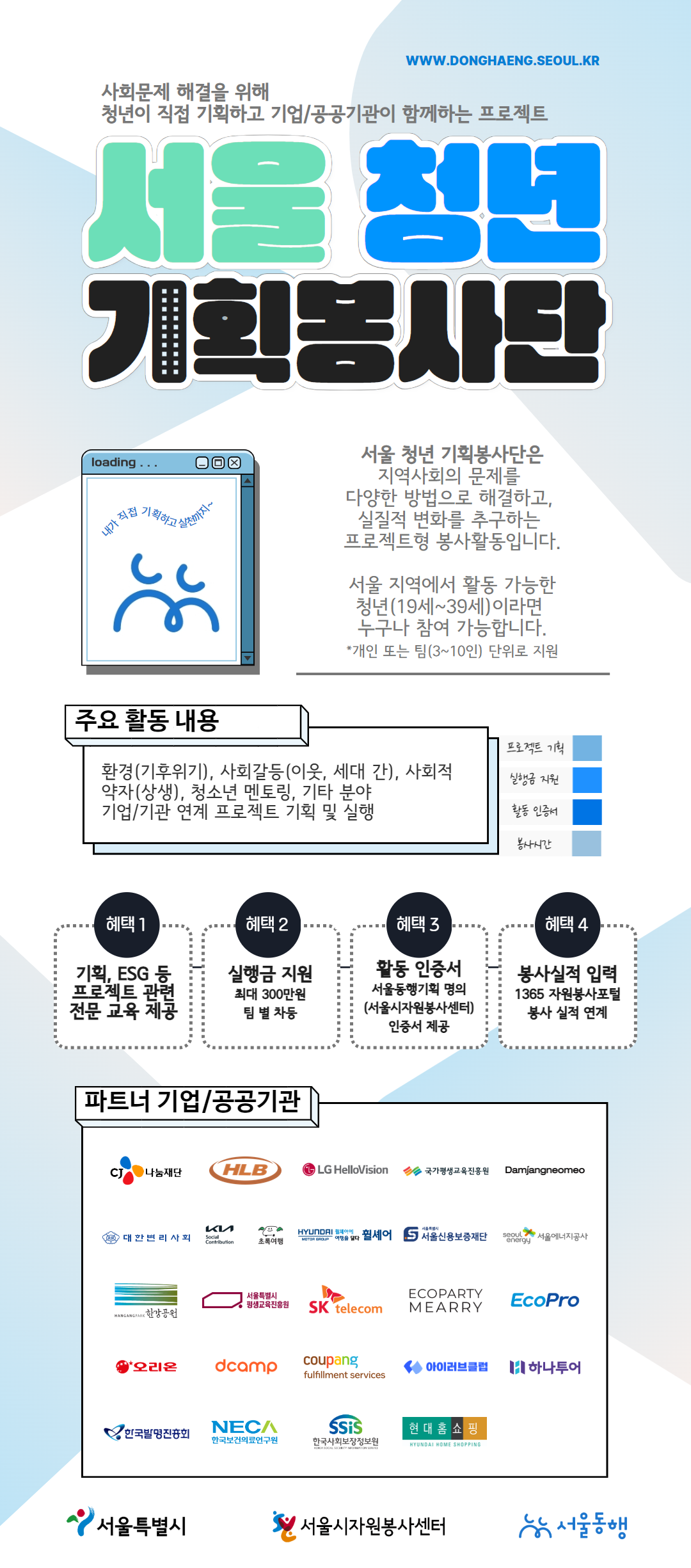 지역사회 문제 해결을 위해 청년이 직접 기획하고 기업/공공기관이 함께하는 프로젝트 '서울 청년 기획봉사단'. 서울 청년 기획봉사단은 지역시회의 문제를 다양한 방법으로 해결하고, 실질적 변화를 추구하는 프로젝트형 봉사활동입니다. 서울 지역에서 활동 가능한 청년(만 19세~39세)이라면 누구나 참여 가능합니다. * 개인 또는 팀(3~10인) 단위로 지원 가능. 주요 활동 내용 : 지역사회(약자), 진로 및 인성, ESG 분야의 기업 연계 프로젝트 기획 및 실행